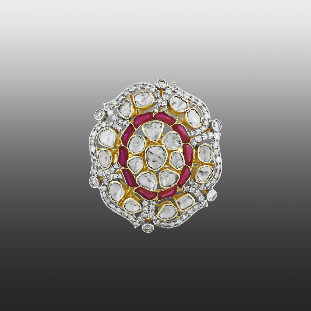 Floral Polki Ring with Red Talaf and Diamond Halo